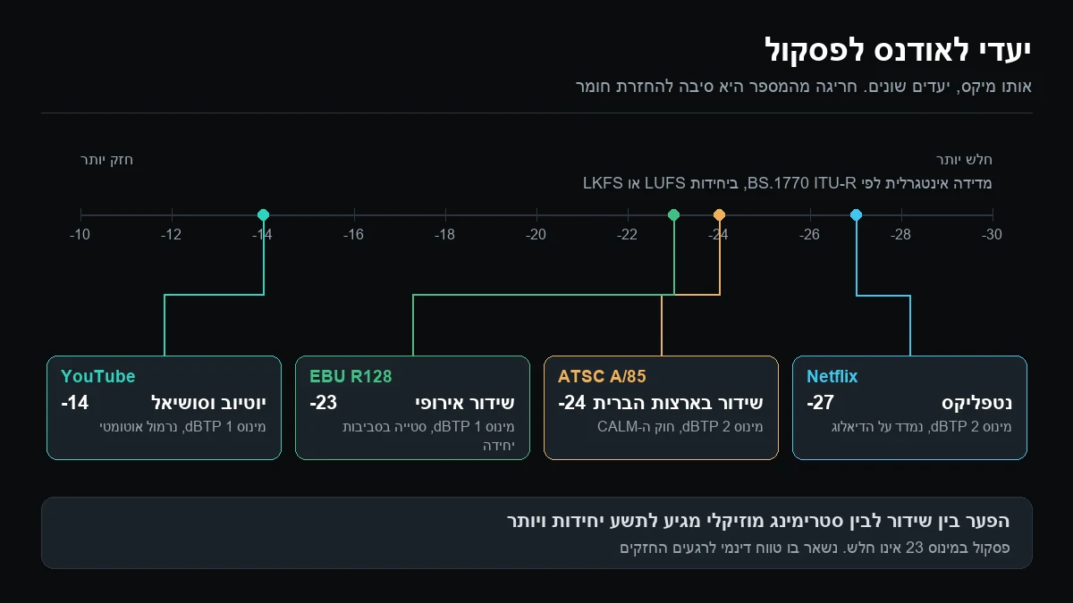 טבלת יעדי לאודנס לפסקול: EBU R128 מינוס 23 LUFS, ATSC A/85 מינוס 24 LKFS, נטפליקס מינוס 27 LKFS ויוטיוב מינוס 14 LUFS