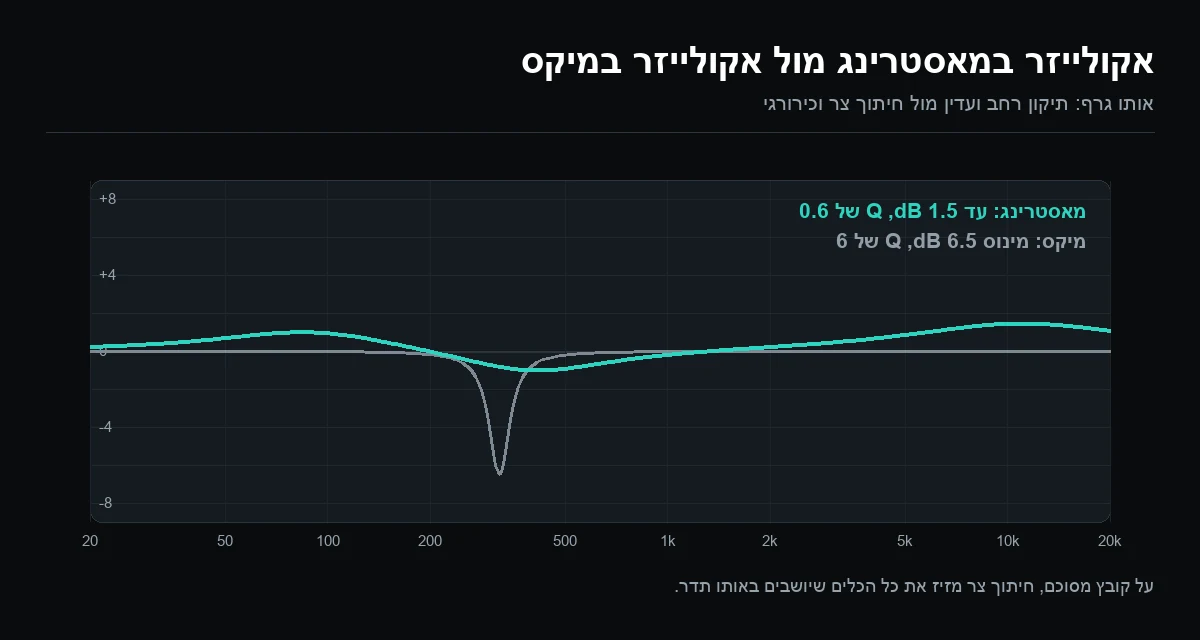 גרף תגובת תדר שמשווה עקומת אקולייזר רחבה של מאסטרינג לחיתוך צר וכירורגי של מיקס