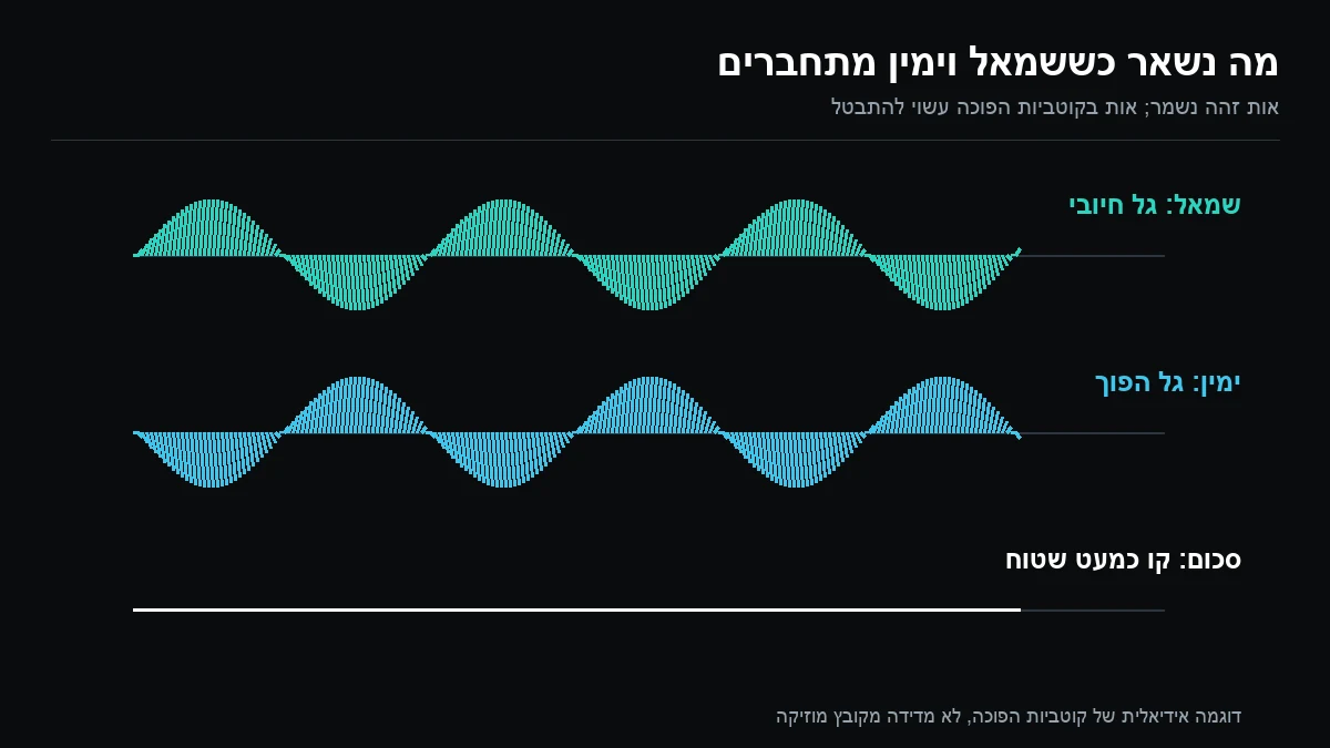 תרשים של שני גלים בקוטביות הפוכה וסכום כמעט שטוח במונו