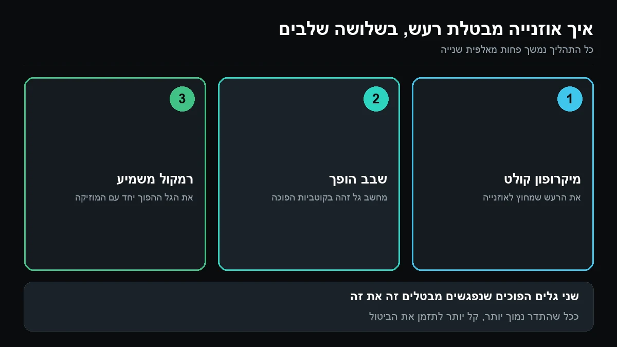 שלוש משבצות ממוספרות: מיקרופון קולט את הרעש, שבב מחשב גל הפוך, ורמקול משמיע אותו יחד עם המוזיקה
