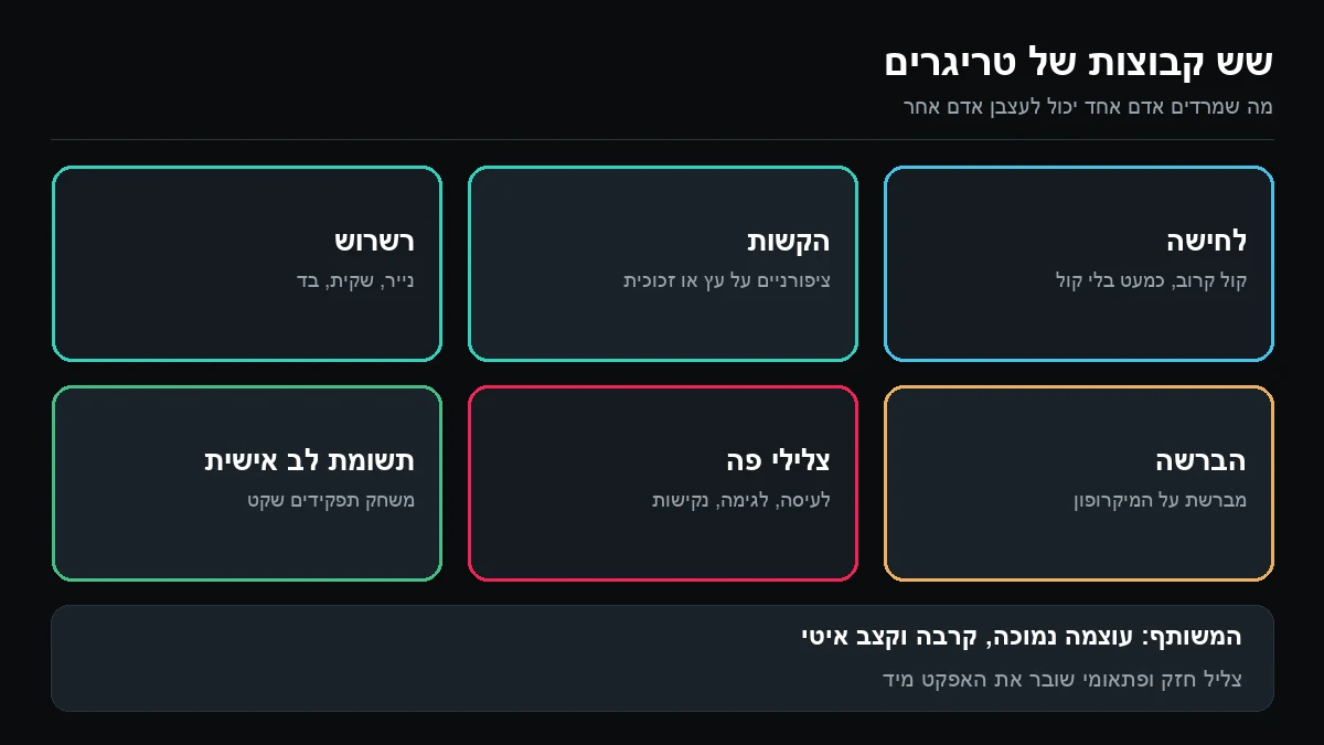 שש משבצות: לחישה, הקשות, רשרוש, הברשה, צלילי פה ותשומת לב אישית