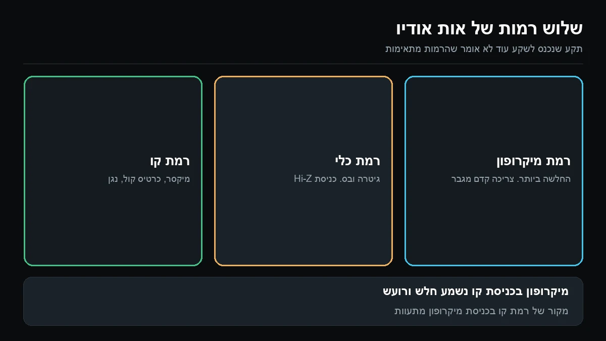 שלוש משבצות: רמת מיקרופון שצריכה קדם מגבר, רמת כלי של גיטרה ובס עם כניסה ייעודית, ורמת קו של מיקסר, כרטיס קול ונגן