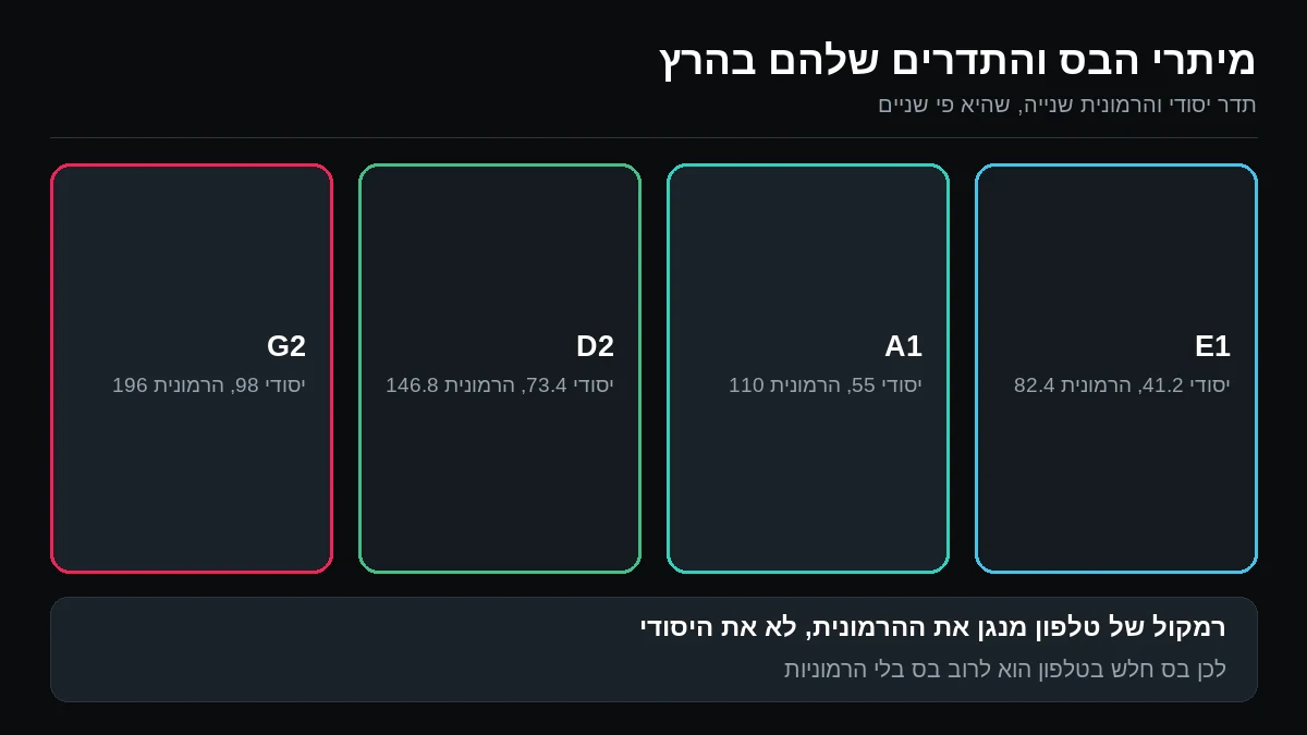 ארבע משבצות: E1 יסודי 41.2 והרמונית 82.4, A1 יסודי 55 והרמונית 110, D2 יסודי 73.4 והרמונית 146.8, G2 יסודי 98 והרמונית 196