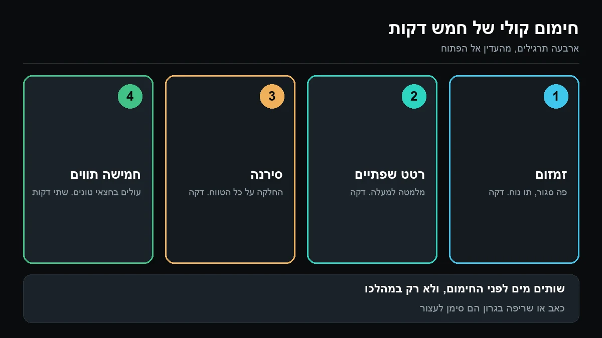 ארבע משבצות ממוספרות: זמזום בפה סגור, רטט שפתיים, סירנה על כל הטווח וחמישה תווים שעולים בחצאי טונים