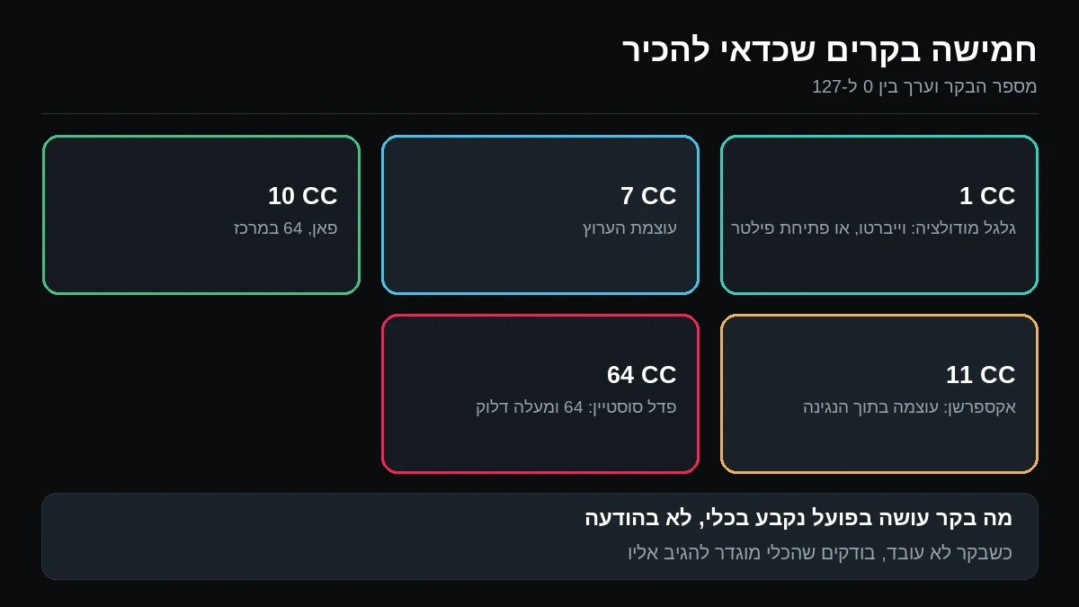 חמש משבצות: מודולציה, עוצמת ערוץ, פאן, אקספרשן ופדל סוסטיין, עם מספר הבקר של כל אחד