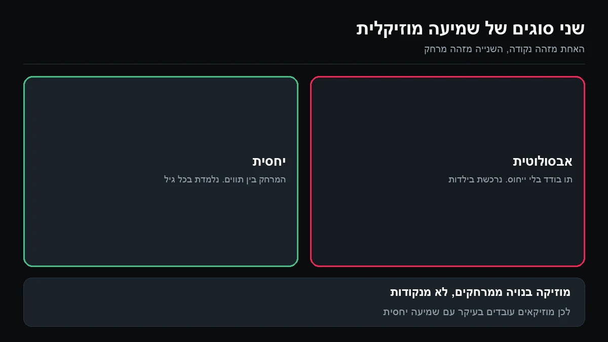 שתי משבצות: שמיעה מוחלטת שמזהה תו בודד בלי ייחוס, ושמיעה יחסית שמזהה את המרחק בין תווים