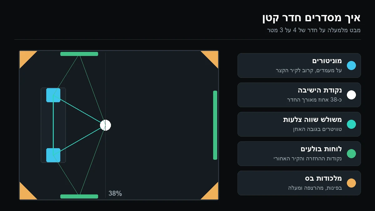 מבט מלמעלה על חדר מלבני: שולחן ומוניטורים מול הקיר הקצר, נקודת ישיבה ב-38 אחוז מאורך החדר, משולש האזנה, לוחות בולעים בקירות הצדדיים ובקיר האחורי ומלכודות בס בארבע הפינות