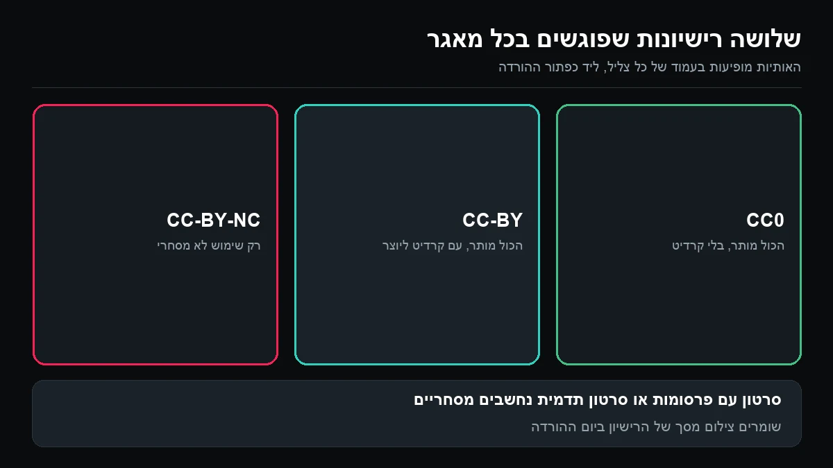 שלוש משבצות: CC0 שמתיר הכול בלי קרדיט, CC BY שמתיר הכול עם קרדיט ליוצר, ו-CC BY-NC שמתיר רק שימוש לא מסחרי