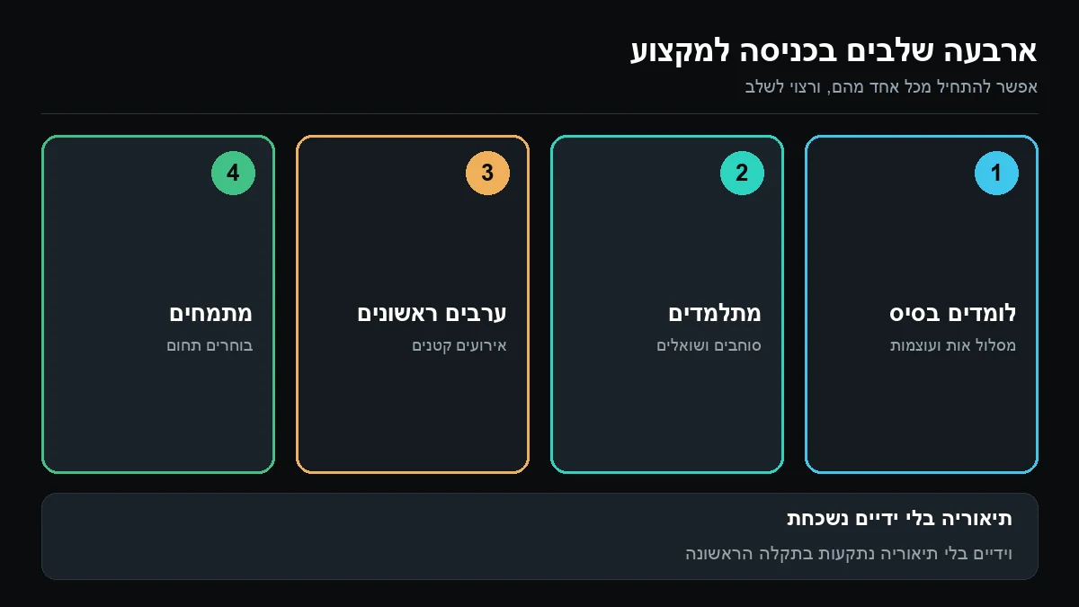 ארבע משבצות ממוספרות: לומדים את הבסיס, מתלמדים, ערבים ראשונים ומתמחים