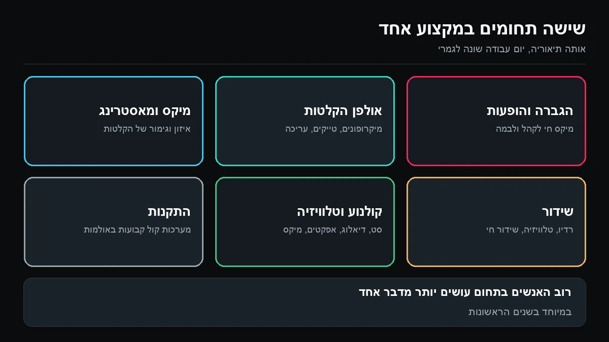 שש משבצות: הגברה והופעות, אולפן הקלטות, מיקס ומאסטרינג, שידור, קולנוע וטלוויזיה, והתקנות