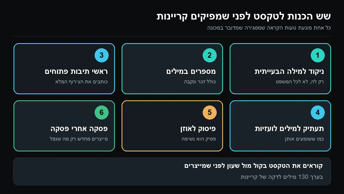 שש משבצות ממוספרות: ניקוד למילה הבעייתית, מספרים במילים, ראשי תיבות פתוחים, תעתיק למילים לועזיות, פיסוק לאוזן והפקה של פסקה אחרי פסקה